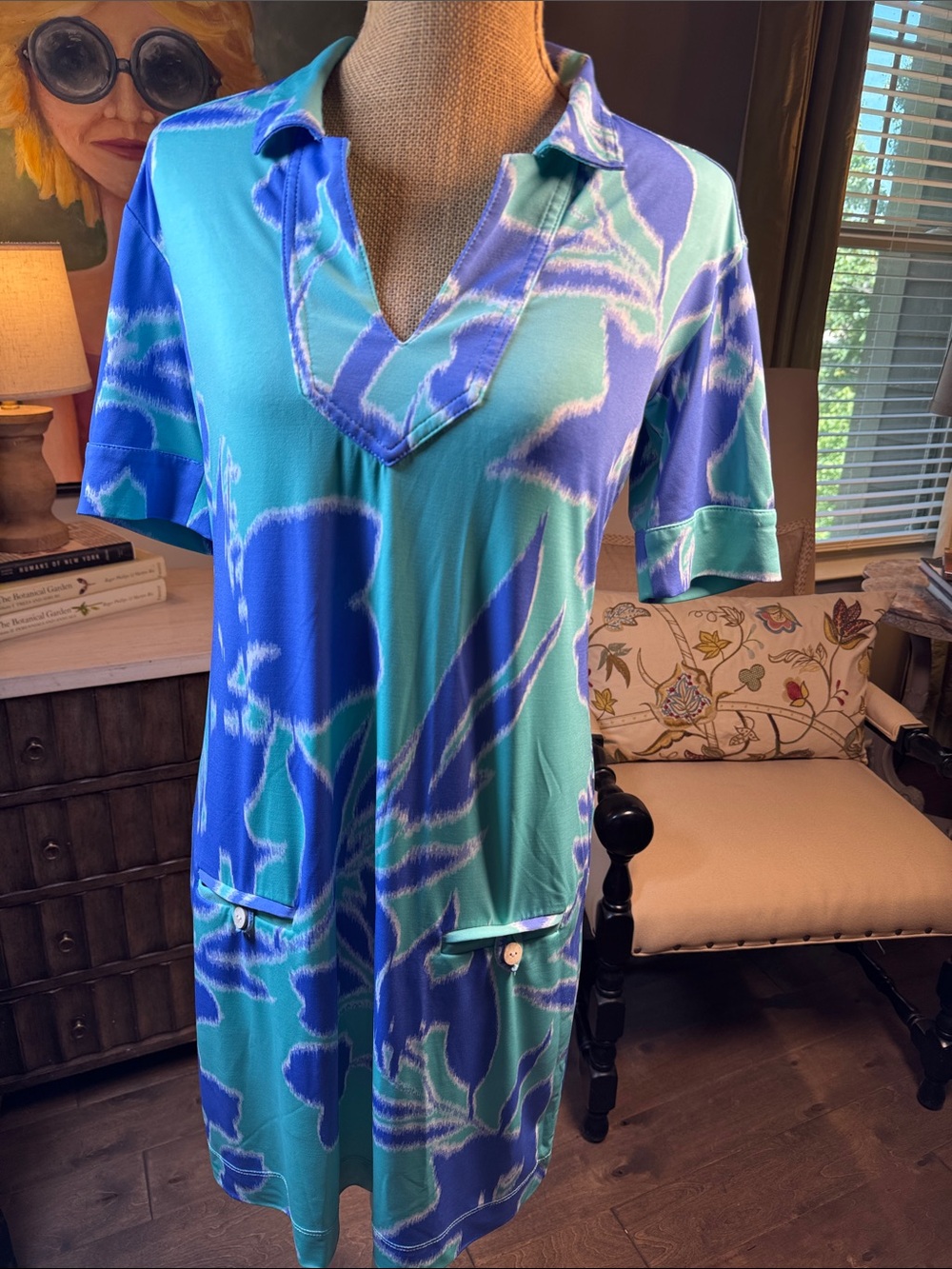 Tori Richard Blue and Teal Floral Polo Midi Dress M